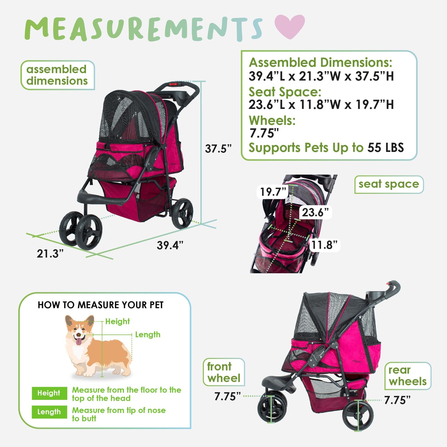 Petique Durable Pet Stroller, Easy Fold, Quality mesh Windows, Large Storage Basket, Secure Cup Holder Tray, for Small to Medium Dog, Cat, Bunny, Supports Pets up to 55LBS - RAZZBERRY