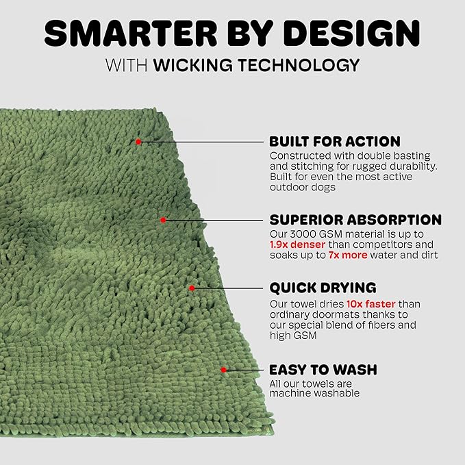 Dog Gone Smart Dirty Dog Doormat - Fast Drying Rug - Plush Mat with Super Gripper Backing for Clean Floors - Absorbent Microfiber and Machine Washable Mat for Muddy Paws - Sage Green