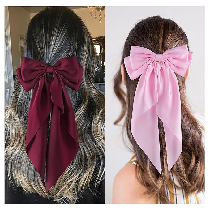 6Pcs Large Bows Hair Clips for Women Girls Long Tail Hair Ribbon Silky Satin Barrettes Coquette Bows Accessories (Black/Pink/Red/White)