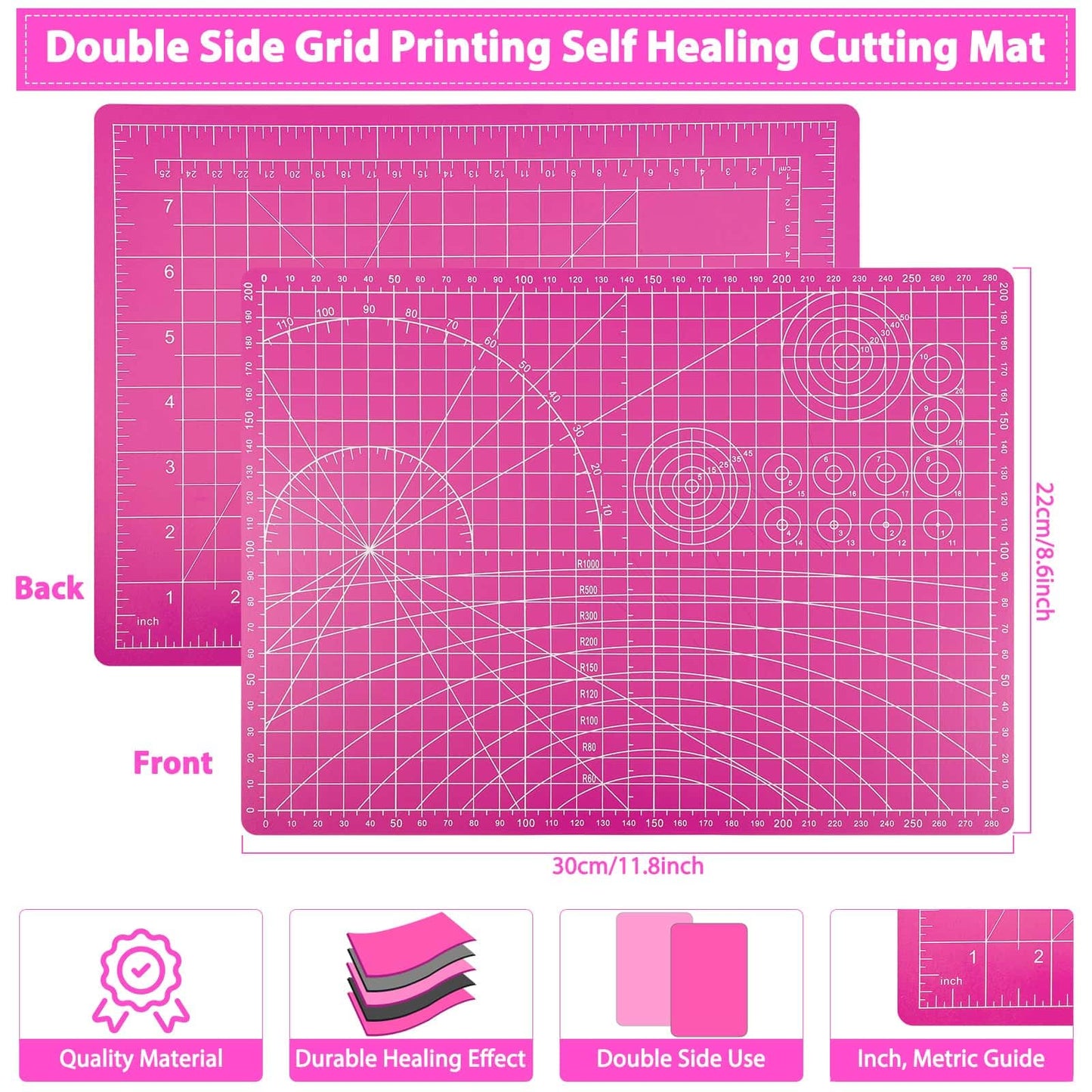 Rotary Cutter and Mat Set, Audab Self Healing Sewing Mats Shirt Cutter 45mm Fabric Cutter Wheel with 2 Blades Rotary Cutting Mat for Crafts Fabric Quilting Hobby (9" x 12" (A4)