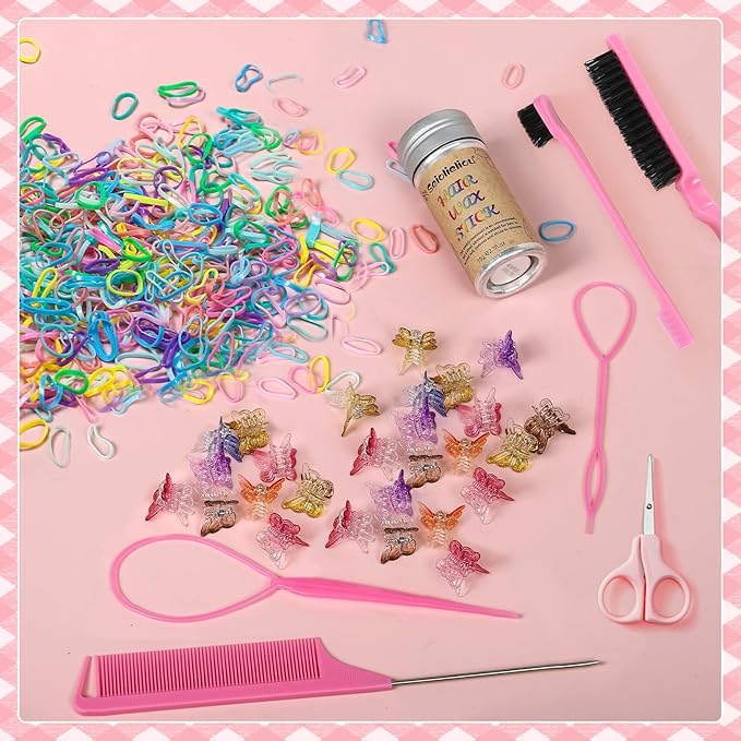 Hair Accessories for Girls, 1500P Colorful Hair Elastic Set, 45P Glitter Mini Butterfly Hair Claw Clips, Hair Wax Stick, Sparkly Colorful Hair Accessories for Girls with Hair Comb Set & Organizer Box