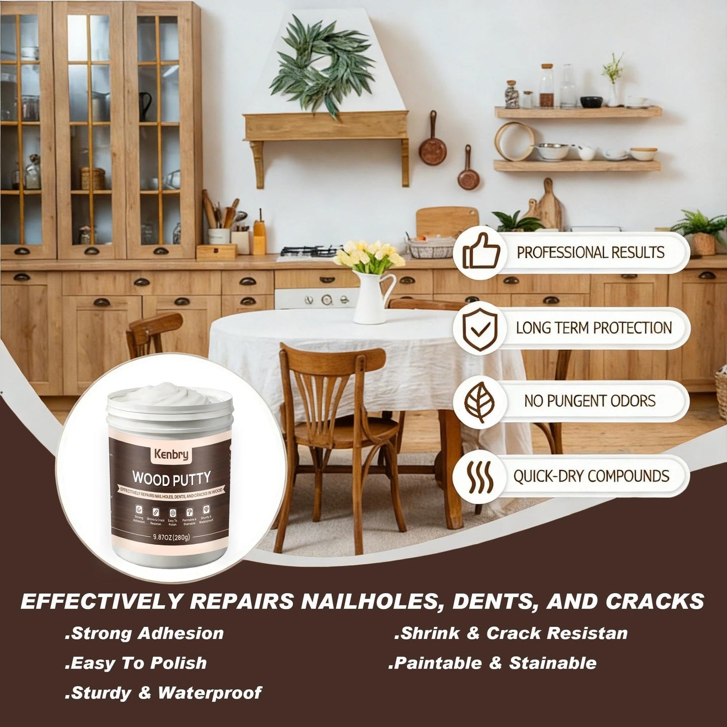 Wood Putty, White Wood Filler Paintable Sandable Stainable for All Purpose, 9.87OZ Wood Filler Putty for Furniture, Cracks, Holes Repairs, Water Resistant for Indoor and Outdoor Use
