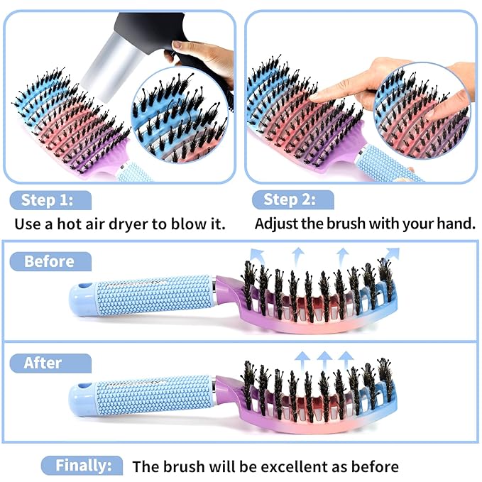 Boar Bristle Hair Brush Set of 2, HIPPIH Wet & Dry Hair Brushes Made by Fine Natural Boar Hair Can Adds Shine and Smoothing, Detangling Hairbrush for Women, Men & Kids' Long Curly Thick Hair