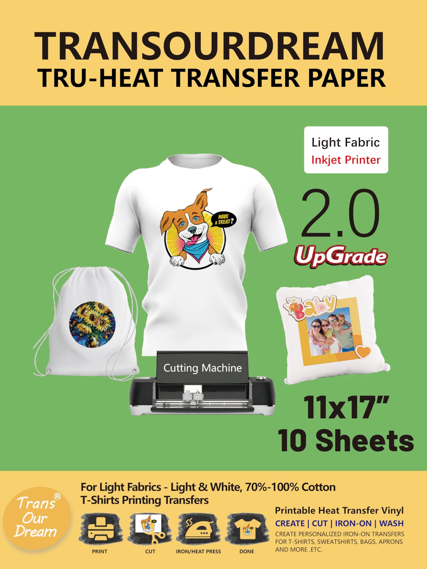 TransOurDream Iron on Heat Transfer Paper for Light T Shirts (10 Sheets, 11x17", Light 2.0) Printable HTV Heat Transfer Vinyl for Inkjet Printers Iron on Transfers for White Cotton Fabrics