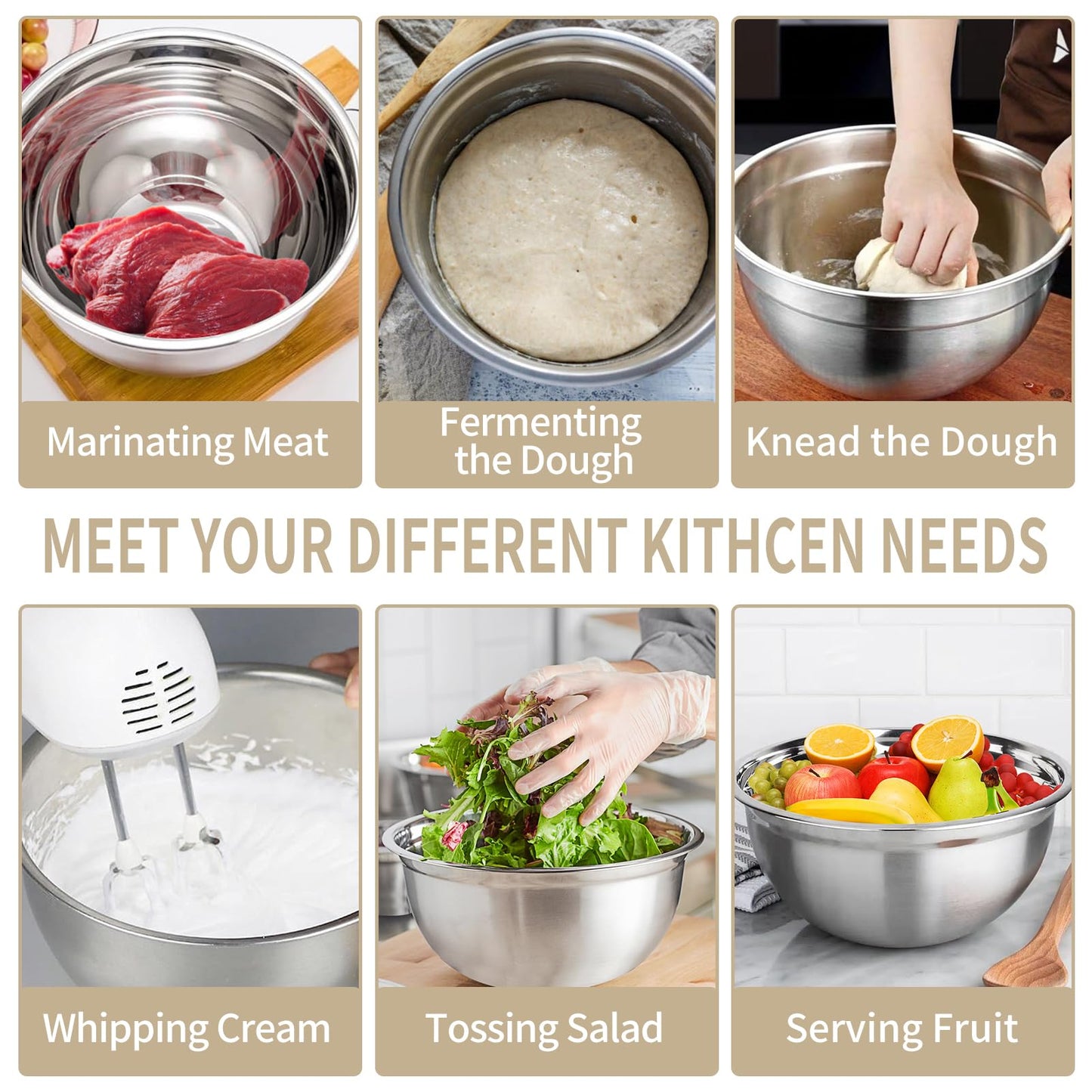WEPSEN Mixing Bowls Set, 27PCS Khaki Mixing Bowls With Lids Set Stainless Steel Kitchen Large Nesting Metal Bowl 7QT to 1.5QT, Measuring Cups and Spoons for Prepping Cooking Serving