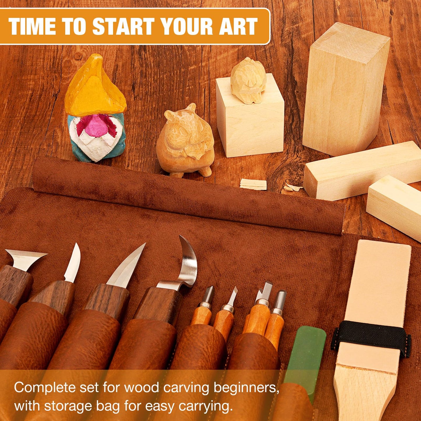 Wood Carving Kit, 24Pcs Wood Carving Tools with Storage Bag, Wood Whittling Knife Kit with 4pcs Templates & 6pcs Basswood Blocks for DIY Beginners