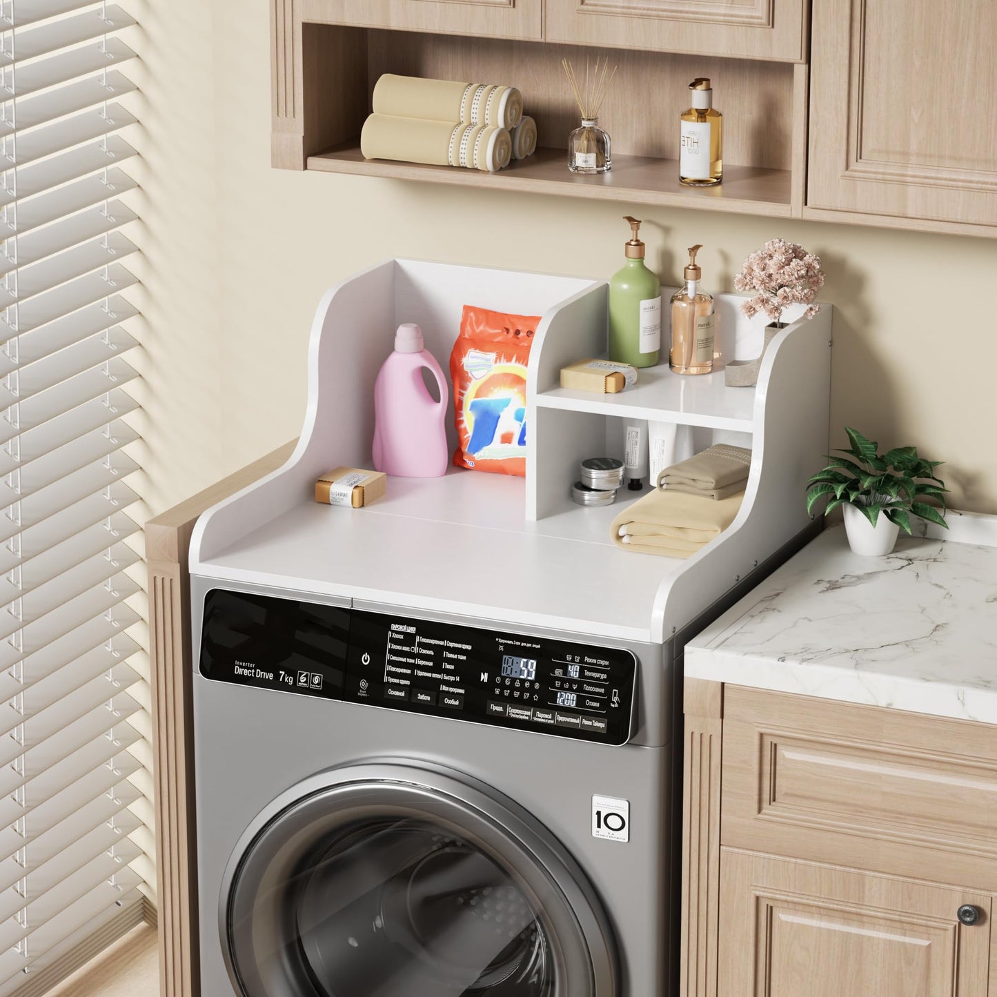 DTK Washer Dryer Countertop with Shelf,27.5" D x 27" W x 11.8" H Wood Countertop for Washer and Dryer,Laundry Countertop with Anti-Slip Strips and Edge Rails,Dryer Countertop for Laundry Room(White)