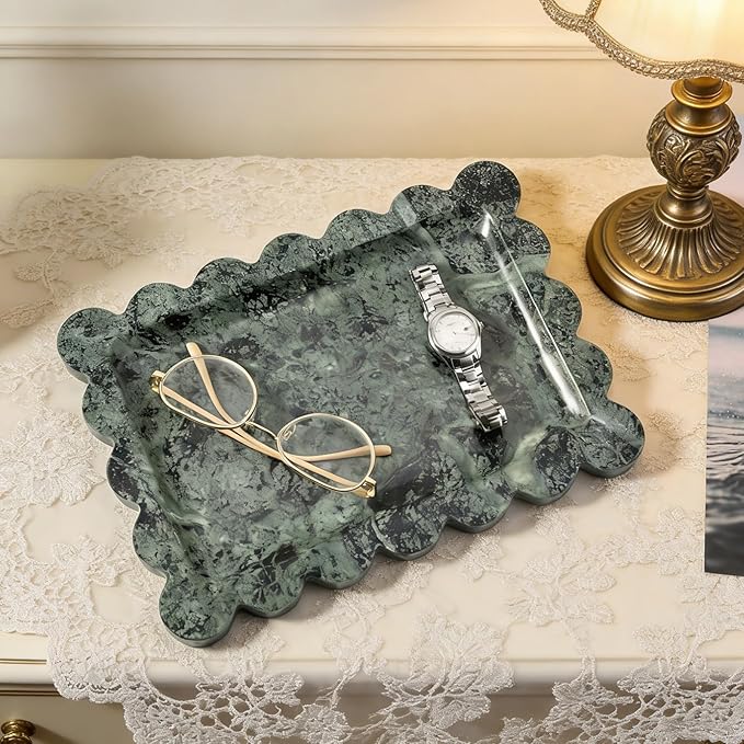 Koville Scalloped Marble Tray, 11"x8" Marble Vanity Tray for Countertop Bathroom Kitchen Dresser, Natural Stone Tray for Jewelry Perfume Home Decor, Decorative Catchall Trays(Green)