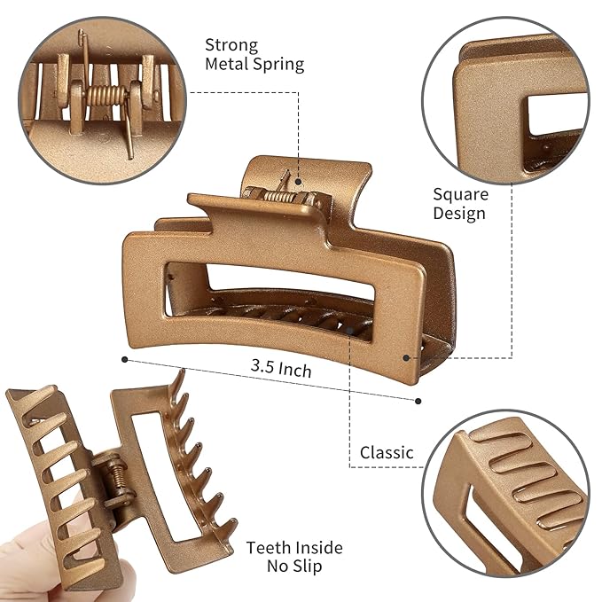 3.5 Inch Medium Hair Claw Clips 12 Pcs Square Claw for Thick and Thin Hair Rectangular Rectangle Hair Clips Jaw Clips Bulk Hair Accessories for women and Girls (Gold)