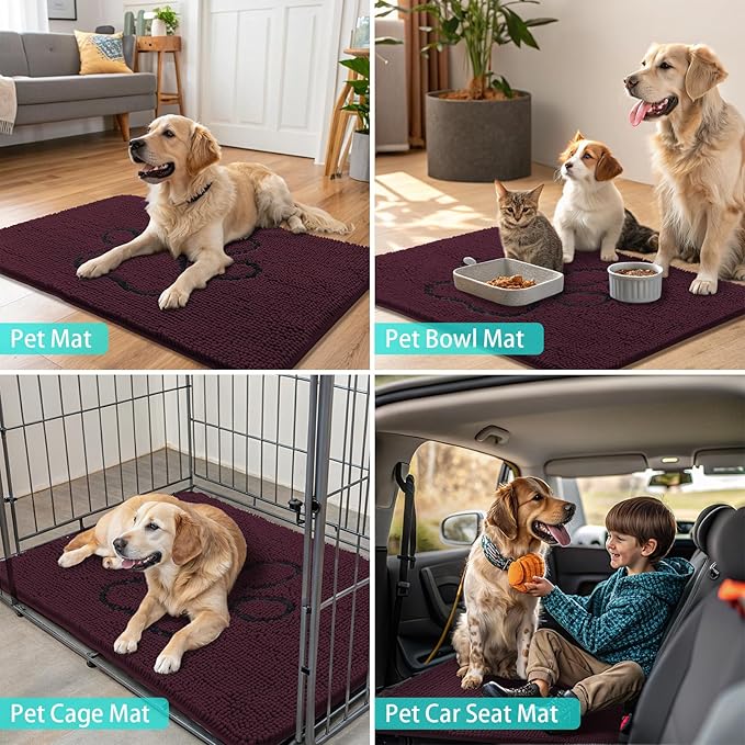 Smiry Dog Door Mat for Muddy Paws, Absorbent Dirt Trapper Non Slip Quick Dry Washable Chenille Mat for Mud Dogs, Entry Rug for Indoor and Outdoor (30x20 Inches, Russet and Black)