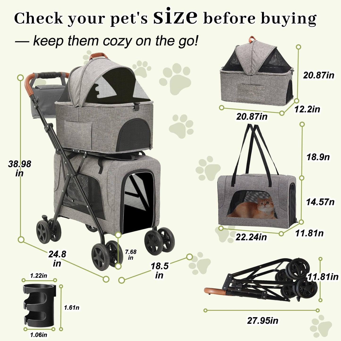 Double Pet Stroller with Detachable Carriers, Dog Stroller for Medium Dogs 20 lb, Foldable Dog Stroller for 2 Dogs,Easy Assembly Cat Stroller for 2 Cats with Cup Holder and Storage Bag for All-Terrain