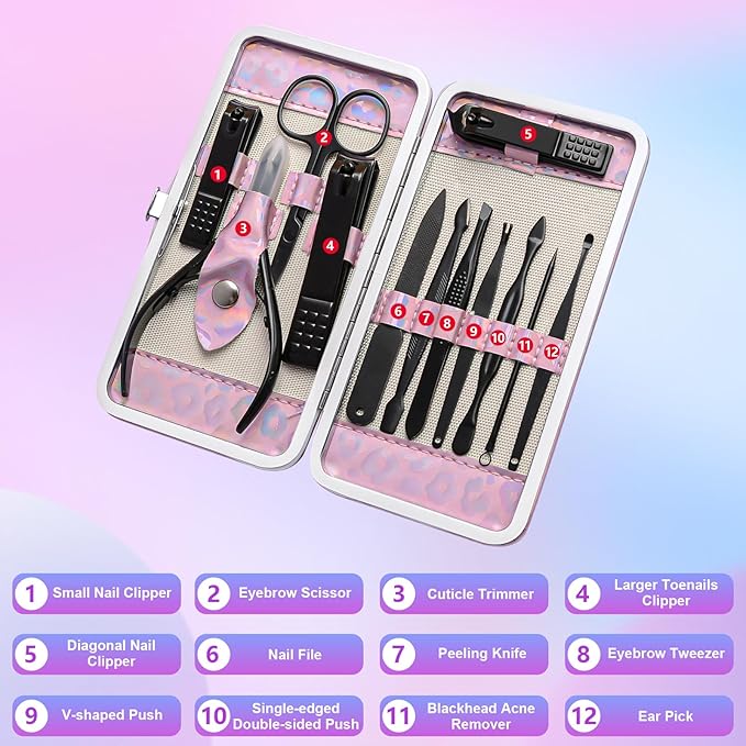 ANRUI Manicure Kit Nail Clippers Set Pedicure Kit, 12 Pieces Professional Grooming Kit, Stainless Steel Nail Care Kit for Women and Men with Luxurious Travel Case -Black