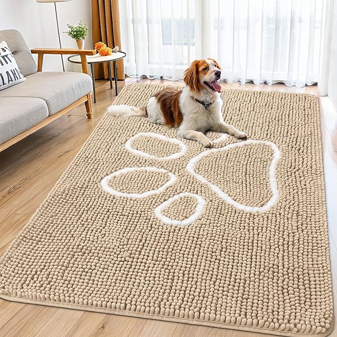 Smiry Dog Door Mat for Muddy Paws, Absorbent Dirt Trapper Non Slip Quick Dry Washable Chenille Mat for Mud Dogs, Entry Rug for Indoor and Outdoor (71x46 Inches, Beige and White)