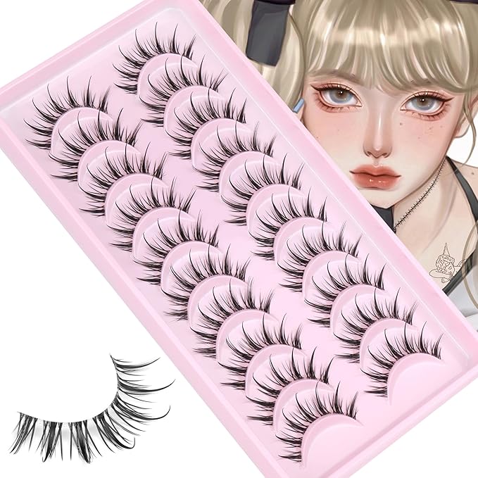 Manga Lashes Wispy Natural Look False Eyelashes Spiky Eyelashes Anime Fake Eyelashes Strip 3D Doll Lashes False Eye Lashes with Invisible Lash Band 10 Pairs