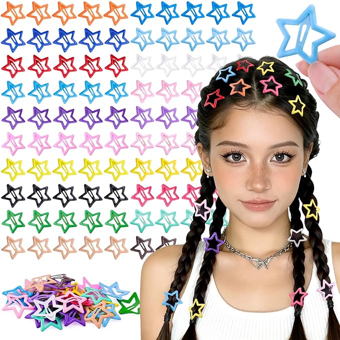 100 PCS Colorful Hair Clips, 1.18 Inch Y2K Accessories Star Hair Clips, Non-Slip Snap Small Star Colorful Barrettes Accessories for Girls Women, Fashion Cool Ornament Set for Rave Decor