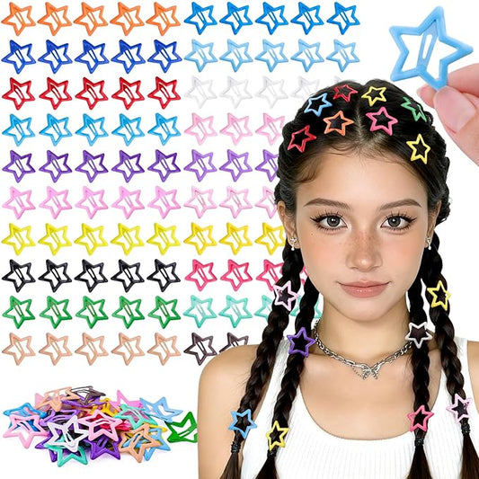 100 PCS Colorful Hair Clips, 1.18 Inch Y2K Accessories Star Hair Clips, Non-Slip Snap Small Star Colorful Barrettes Accessories for Girls Women, Fashion Cool Ornament Set for Rave Decor