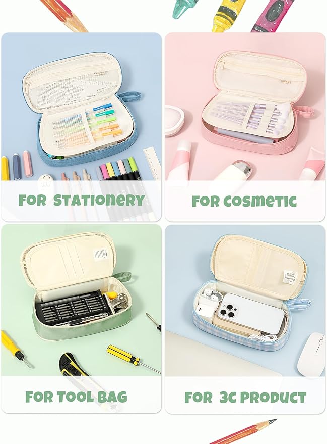 SUNEE Cute Pencil Case, Large Pencil Pouch, Aesthetic Big Pencil Bag with Zipper, Kawaii Stationery Storage and Organizer, School Supplies for Boys and Girls Teen, Heavy Duty Oxford Canvas, Sage Green