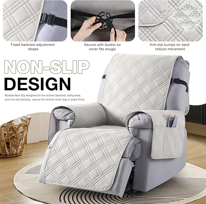 TAOCOCO 100% Waterproof Recliner Chair Covers, Non Slip Recliner Covers for Recliner Chair with Pocket, Washable Reclining Chair Cover Furniture Protector for Kids,Dogs(22'', Off White)