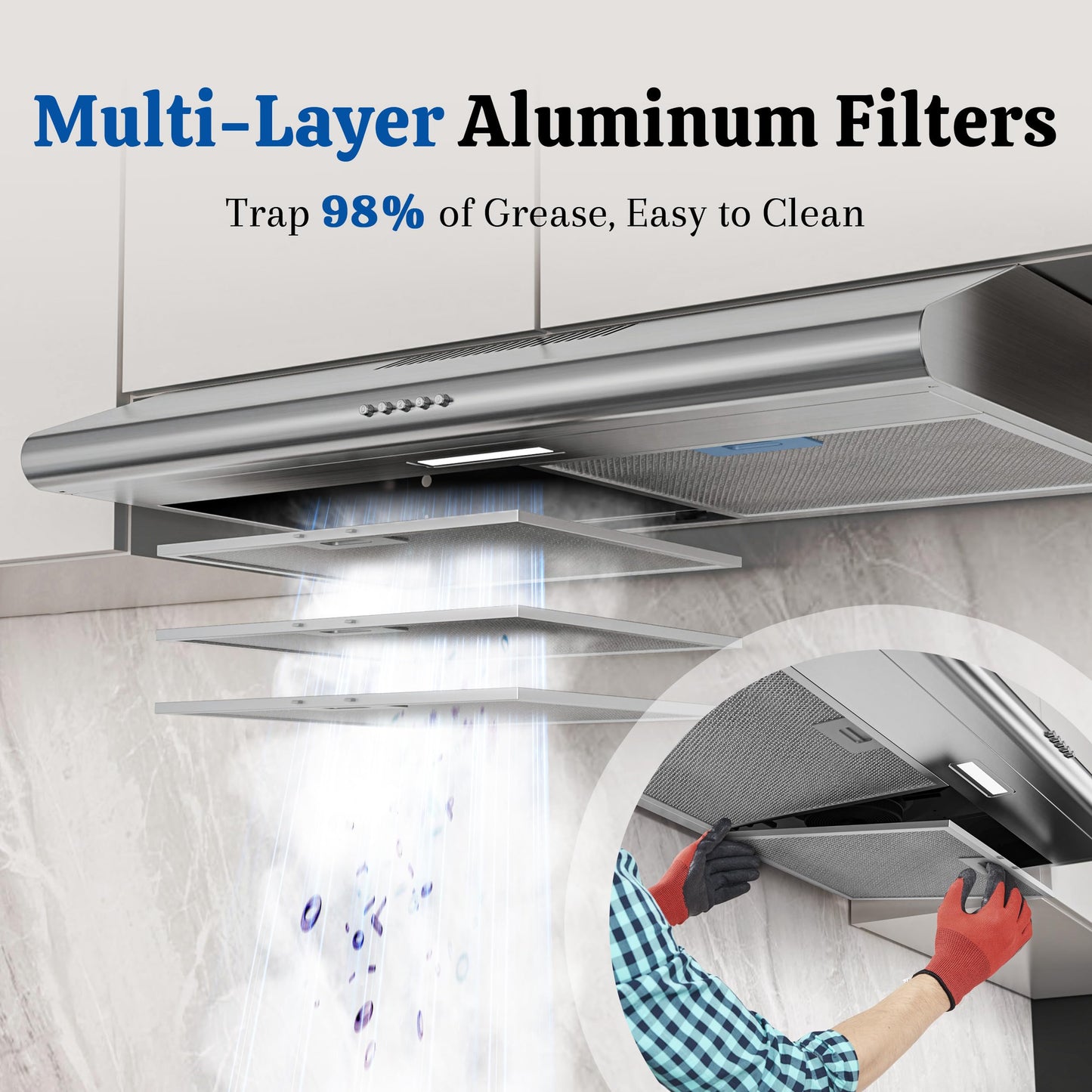 FIREGAS Under Cabinet Range Hood 30 Inch, Ducted/Ductless Convertible Kitchen Vent Hood with 250 CFM, Stainless Steel, 3-Speed Exhaust Fan, Energy-Efficient LED Lights for Stove Ventilation