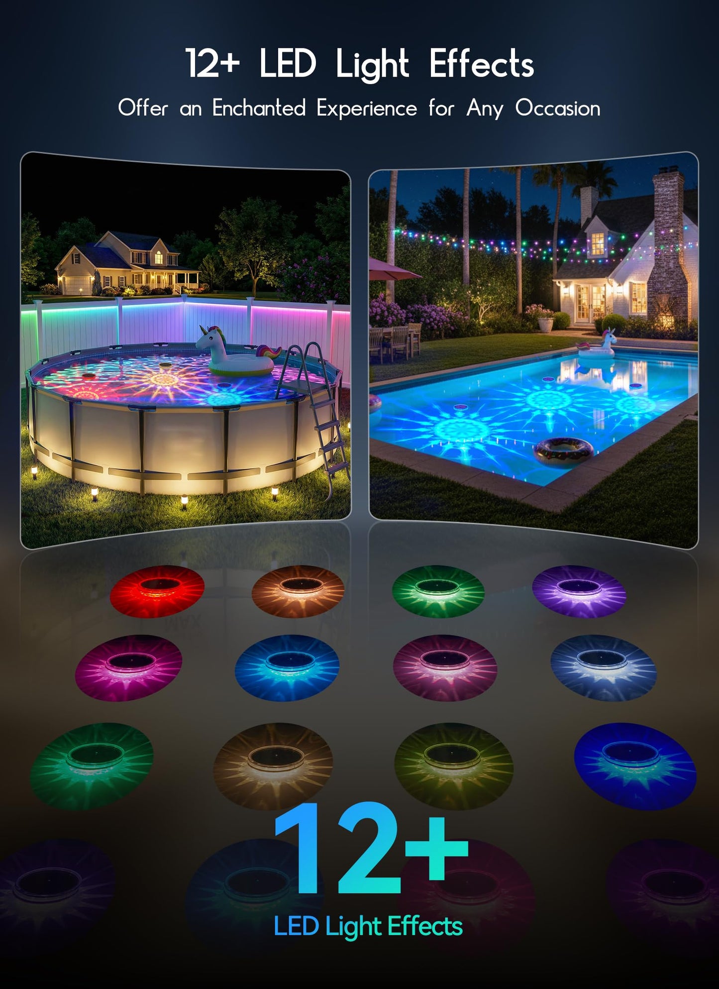 Floating-Solar-Pool-Lights 2 Pack, RGBWW 12 Lighting Modes, 3 Dimming & Timing IP68 Waterproof with Remote Control, Solar Floating Pool Lights for Above Ground Pools Inground Pools Accessories Bathtub