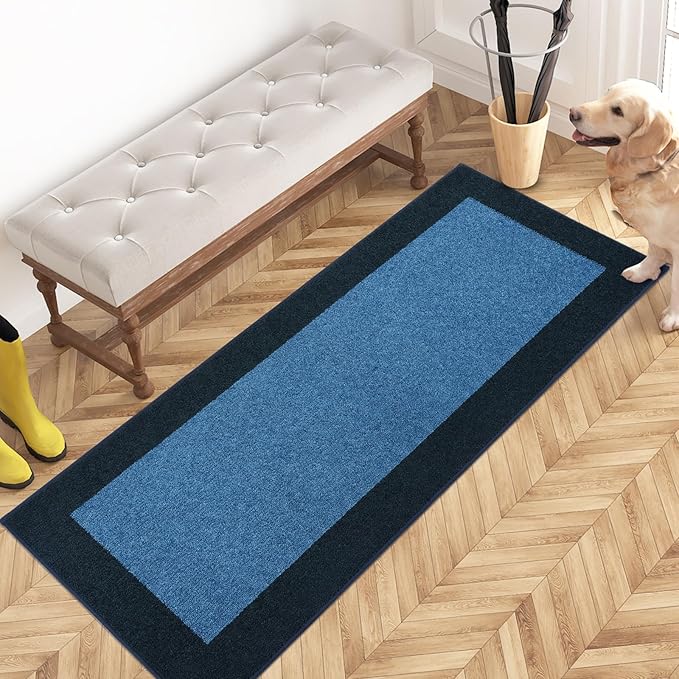 PURRUGS Dirt Trapping Door Mat 24" x 60", Non-Slip Washable Entry Mat, Dog Doormat, Front Door Mat, Super Absorbent Entrance Mat for Muddy Shoes & Paws, Light Blue & Navy