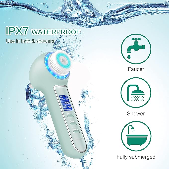 UMICKOO Face Scrubber Exfoliator,Facial Cleansing Brush Waterproof with LCD Screen,Blackhead Remover Vacuum with 5 Brush Heads,Face Spin Brush for Exfoliating (Green)