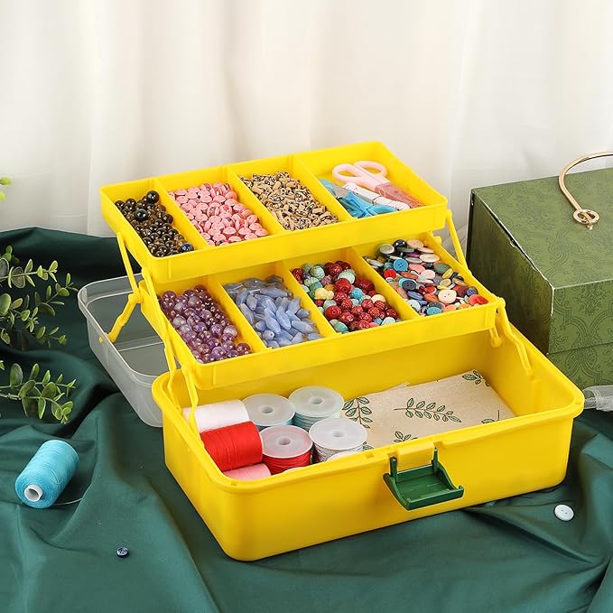 BTSKY 3-Layer Plastic Dividing Storage Box Craft Organizer with Adjustable Spacers Portable Handled Art Supply Organizer Multipurpose Home Utility Box for Sewing (Yellow+Green)