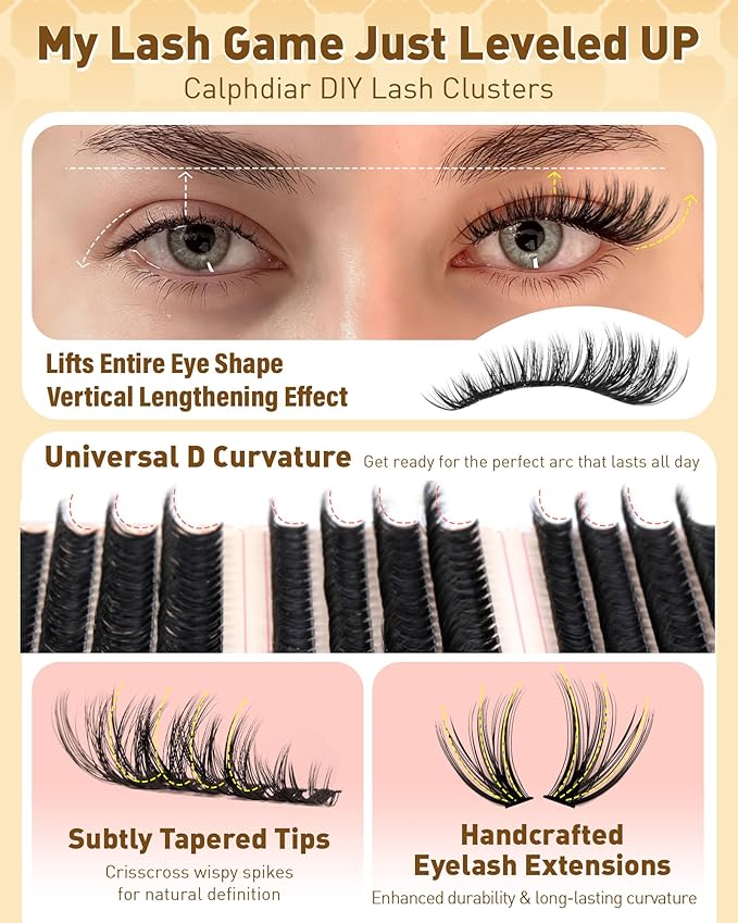 Calphdiar Eyelash Clusters 30D+40D+50D+60D+80D+100D Lash Clusters Wispy Individual Lashes 476PCS D-curly Lash Extension 10-16MM Natural Lashes Clusters DIY Cluster Eyelash Extensions