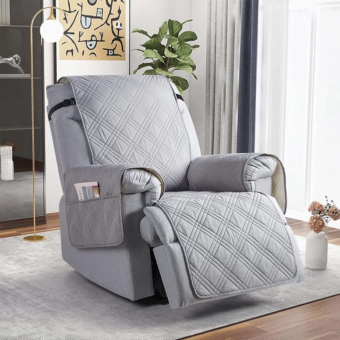 TAOCOCO 100% Waterproof Recliner Chair Cover with Double Straps, Non Slip Covers for Recliner Chair with Pocket, Washable Reclining Chair/Furniture Protector for Kids, Pets(23.6'', Light Grey)