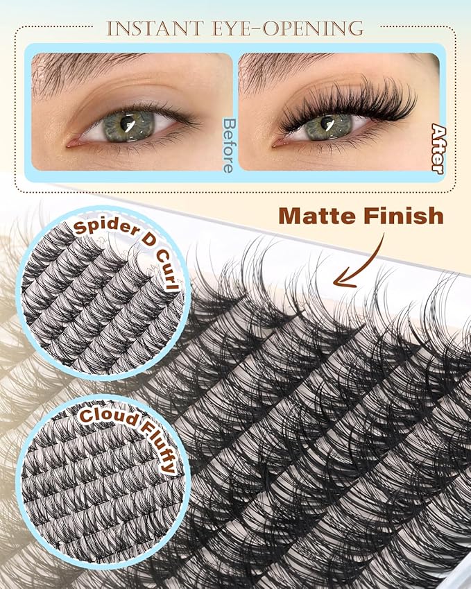 PHKERATA Spider Lash Clusters Natural Eyelash Clusters, Fluffy D Curl Cluster Eyelash Extensions, 12-14-16mm Wispy Individual Lashes with Soft Thin Band