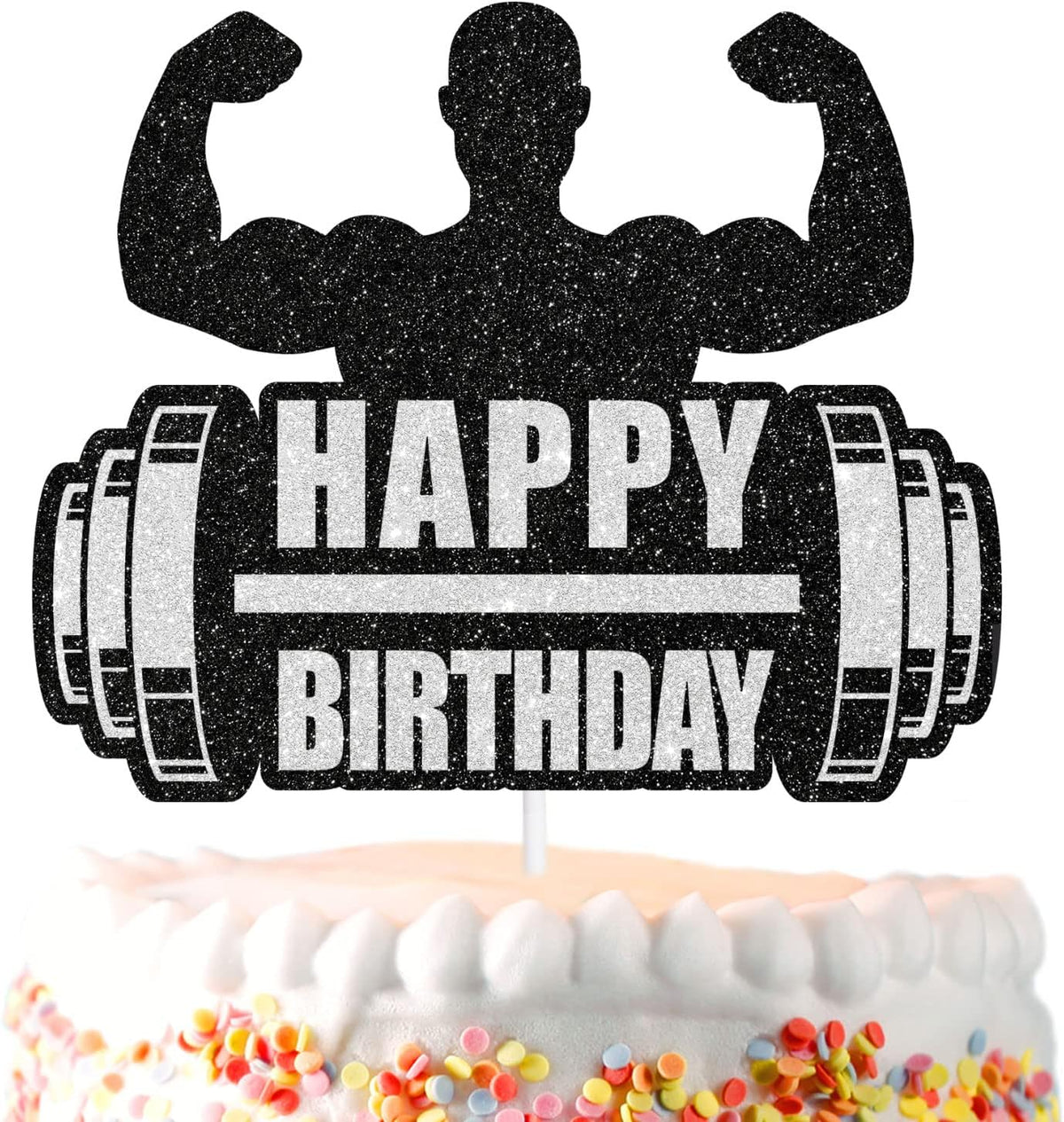 Black Glitter Weightlifting Cake Topper-Gym Party, Fitness Enthusiast,Trainer Birthday Party or Sports Themed Party Decoration.SugarGera