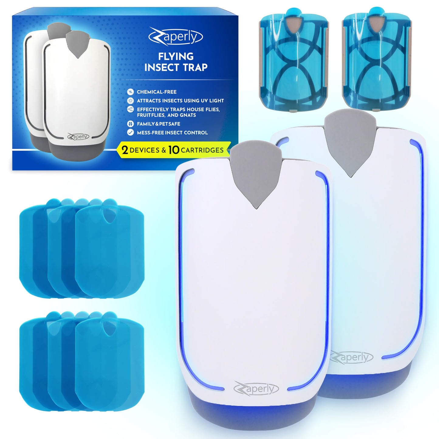 Zaperly 2 Fruit Fly Traps & 10 Adhesive Cartridges, Indoor Plug-in Bug Catcher, UV Light Fly Trap Captures Fruit Flies, Gnats, Houseflies, Moths, and Flying Insects for Kitchen, Bathroom, Plant Areas