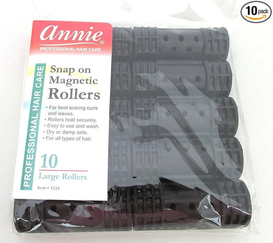 Annie Snap-On Magnetic Hair Rollers – Large 7/8 Inch with Locking Snap-Over Hood – Secure Hold No Pins Needed – Black, 10 Count