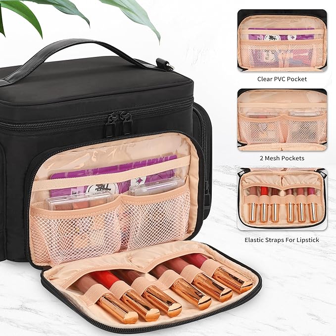 Bagmoly Makeup Bag, Portable Large Travel Makeup Bag Organizer for Women Girls with Makeup Brush Compartment, Cosmetic Travel Bag Vertical Storage Toiletry Bag - Black with Shoulder Strap