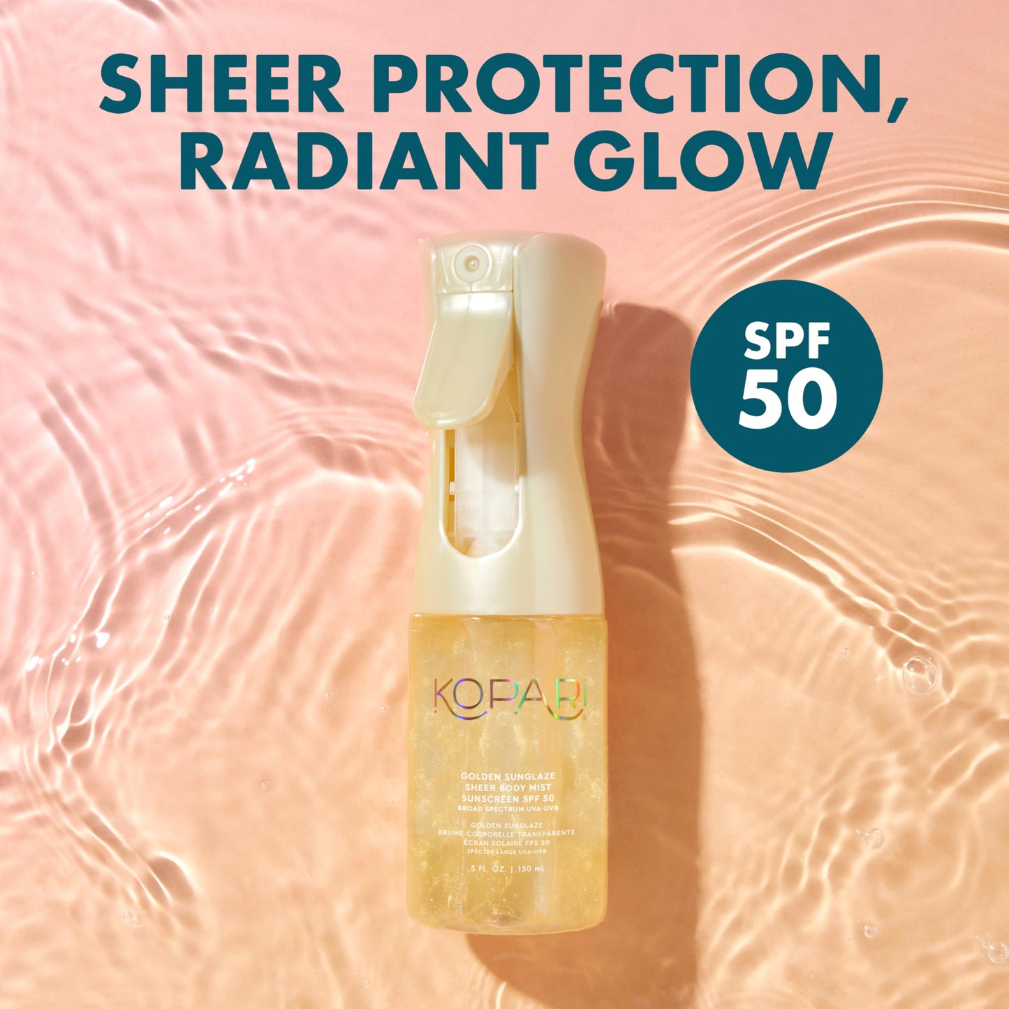 Kopari Golden Sunglaze Sheer Body Mist Sunscreen SPF 50, Infused with Shimmering Body Oil, Hydrating Mist, Hydrates, Brightens, Gives Skin a Glowy Finish, Lightweight, Fast-Absorbing.