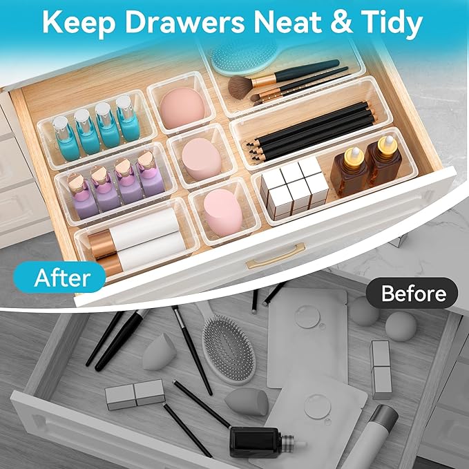 12 PCS Drawer Organizer Set, 4 Sizes Tool Storage Trays, Clear Plastic Makeup Vanity Organizer and Storage Bins for Makeup, Stationeries, Multiple Gadgets for Bathroom, Office, Bedroom