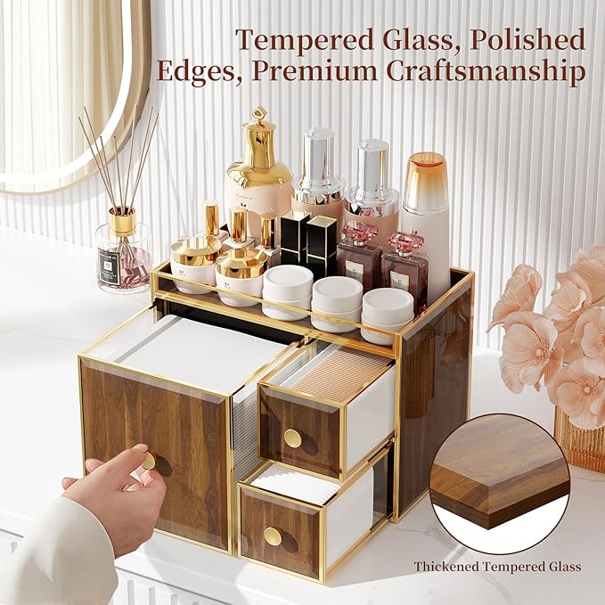 CoralHouse Tempered Glass Face Towel Holder with 3 Drawers, Bathroom Vanity Organizer for Disposable Face Towels, Cotton Pads, Swabs and Skincare