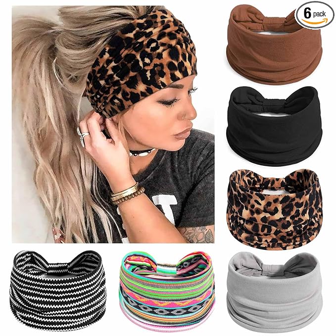 Awumbuk Wide Headbands for Women Knotted No Slip Head Bands Soft Turban Headband Hair Accessories Boho African Solid Color Head Wraps for Women Yoga Workout Pack of 6