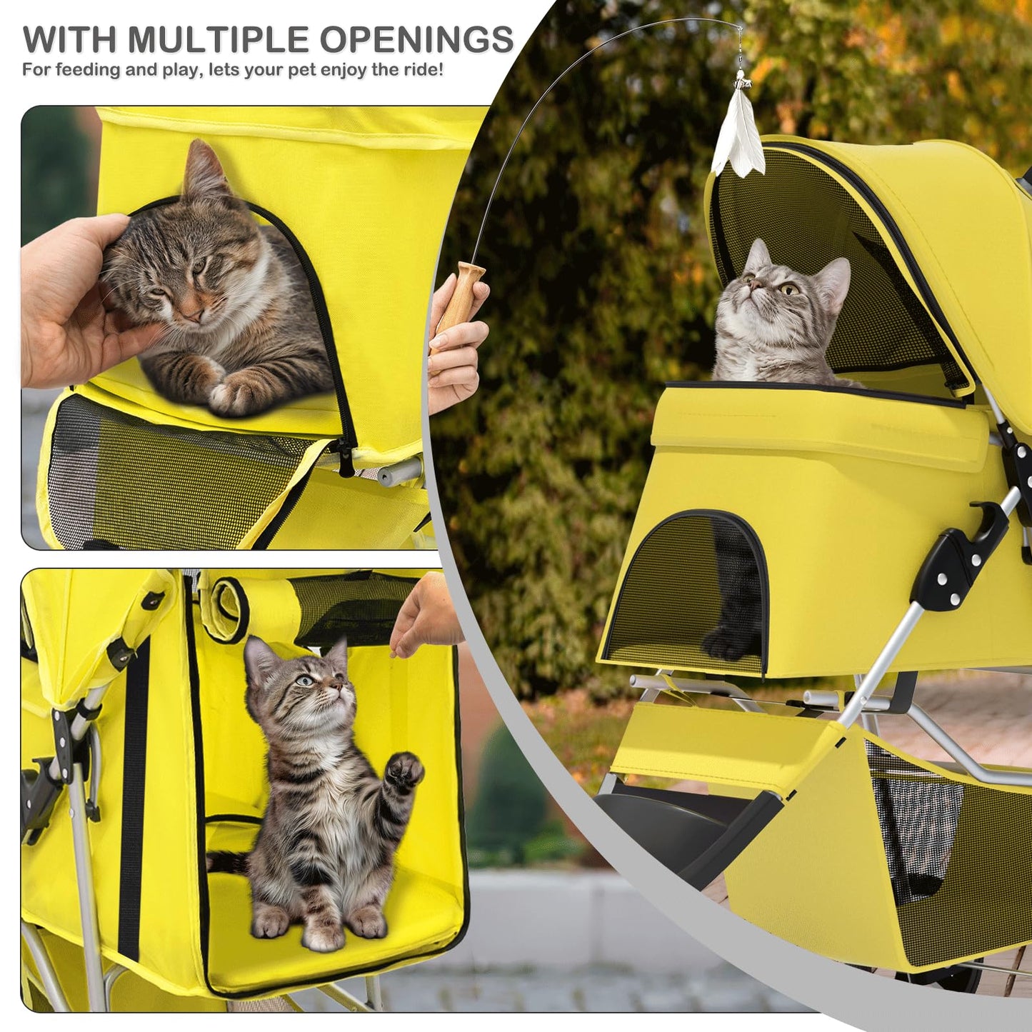 MoNiBloom Foldable Pet Stroller with Waterproof Cover, 3-Wheels Dog Strolling Cart for Small/Medium Dogs and Cats with Storage Basket and Cup Holder, Breathable and Visible Mesh for All-Season, Yellow
