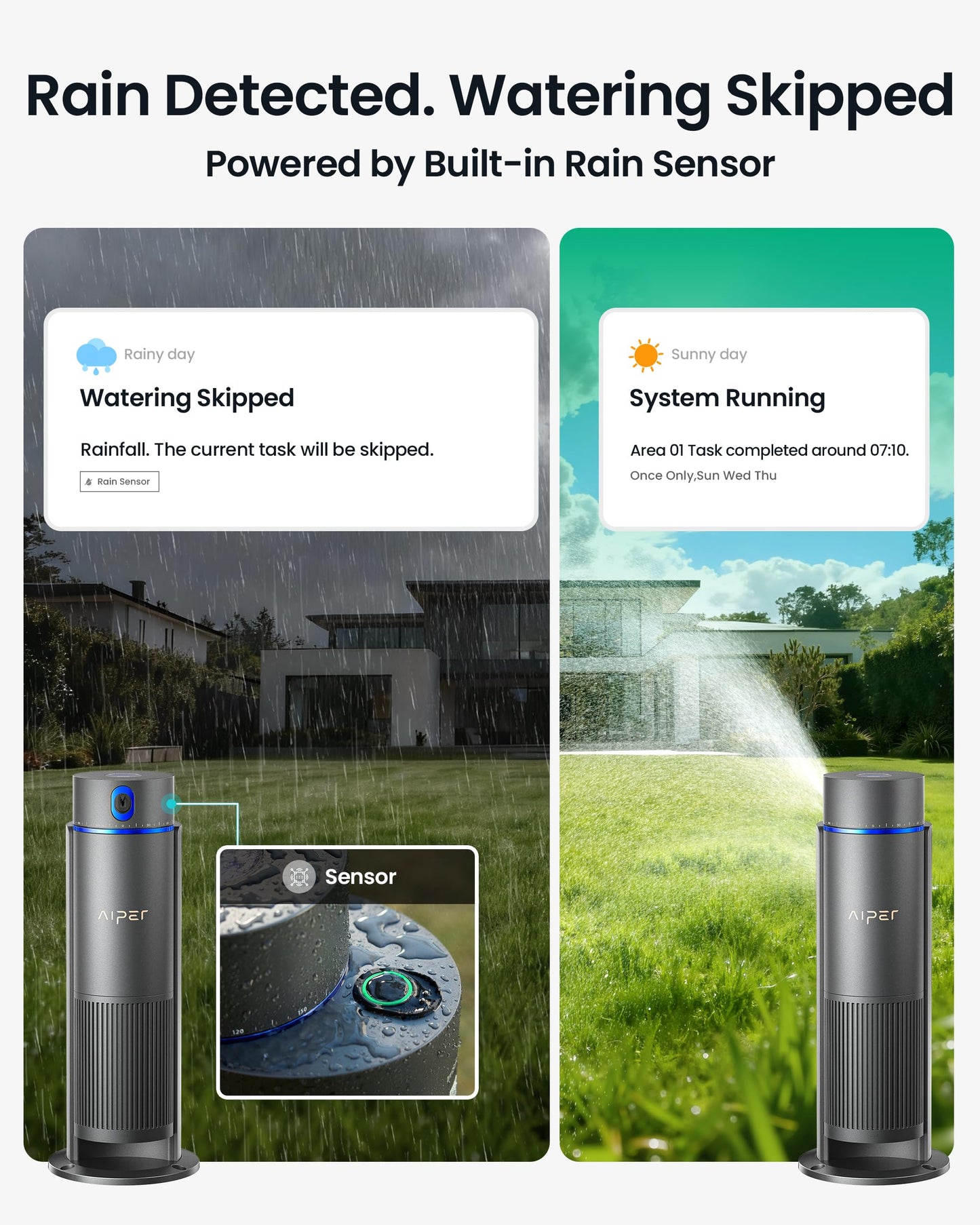 Aiper IrriSense 2 Smart Irrigation System, 4-in-1 Multi-Zone Watering Device, App Control, Smart Scheduling, Garden Sprinkler with Rain Sensor, for Lawns up to 4,800 sq.ft.-Holographic