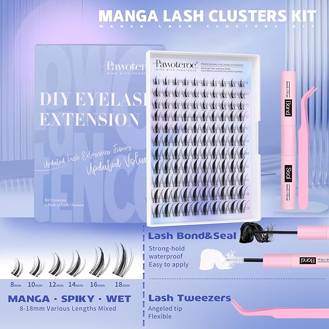 Pawotence Manga Lash Clusters Kit Eyelash Clusters 8-18mm Lash Extension Kit Fairy Individual Lashes Cluster Wispy Lashes Cluster Invisible Band Cluster Eyelash Extensions Kit for Beginners