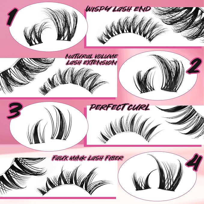 Manga Lash Clusters Kit Spiky Lashes Clusters Fairy Wispy Lash Clusters Wet-Look Anime Lashes Pack 384 Pcs C/D Curl Fluffy Individual Lashes Lash Bond and Seal Lash Tweezers