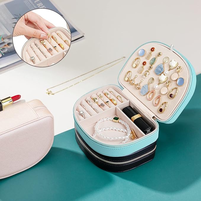 ProCase Travel Size Jewelry Box, Medium Portable Seashell-Shaped Jewelry Case, 2 Layer Jewelry Organizer in PU Leather for Women -Blue