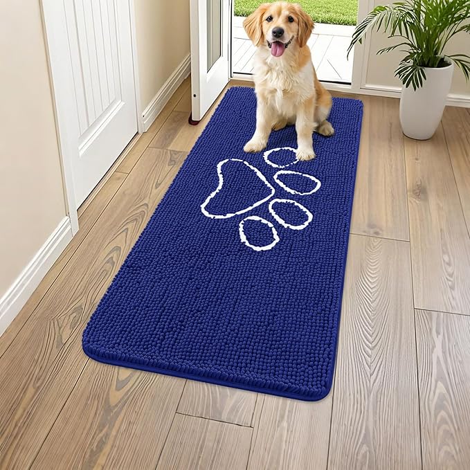 Smiry Dog Door Mat for Muddy Paws, Absorbent Dirt Trapper Non Slip Quick Dry Washable Chenille Mat for Mud Dogs, Entry Rug for Indoor and Outdoor (47x24 Inches, Navy Blue and White)