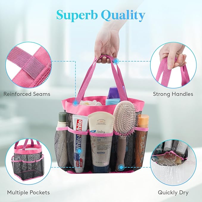 Lifewit Mesh Shower Caddy Portable for College Dorm Room Essentials with 7 Pockets, Freestanding Hanging Organizer Basket, Quick Dry Tote Bag for Camping, Bathroom, Beach, Travel, 1 Pack, Pink