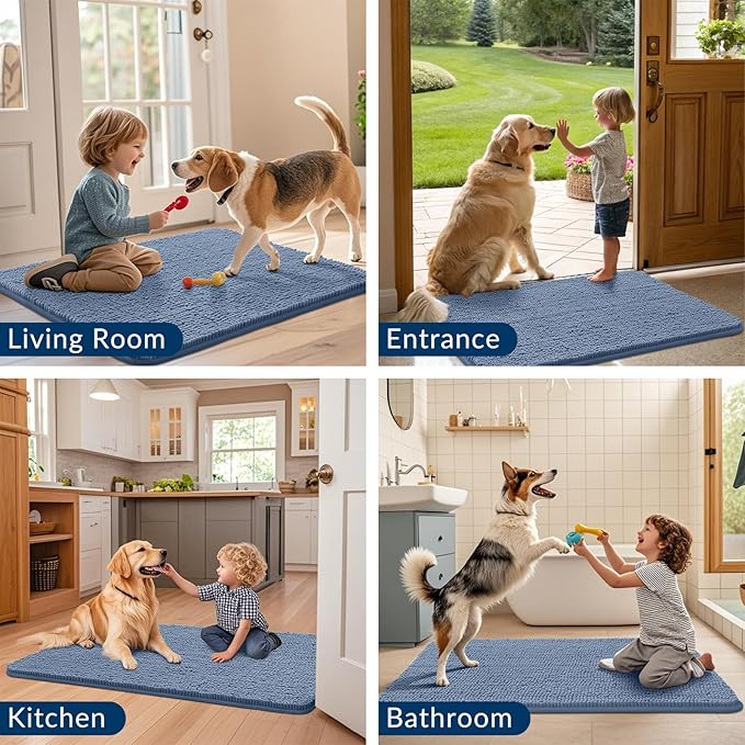 Smiry Dog Door Mat for Muddy Paws 47x32, Absorbs Moisture and Dirt Doormat, Non-Slip Washable Quick Dry Chenille Front Door Mat Indoor Entrance, Entryway Carpet for Inside Floor, Airy Blue