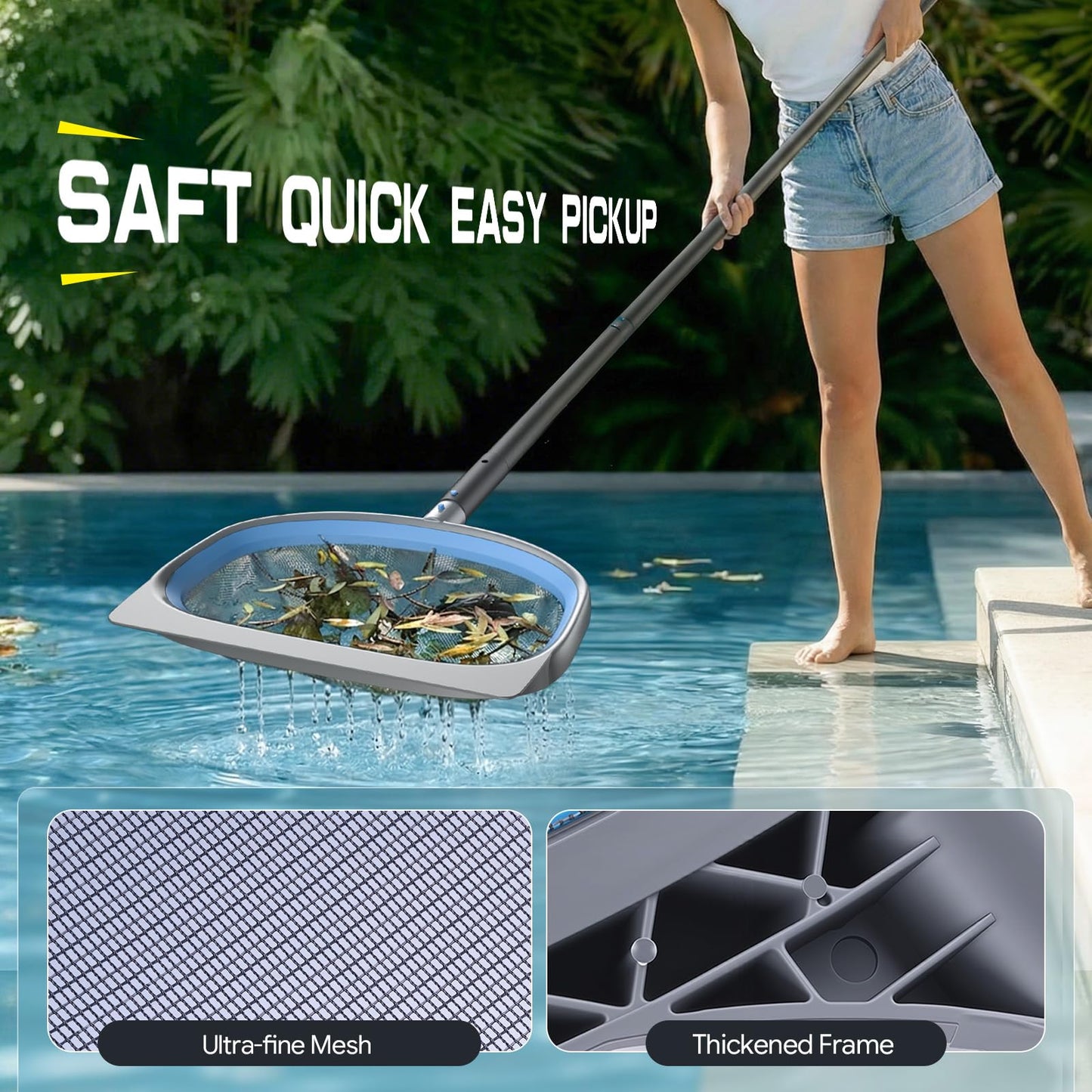UIRWAY 4-in-1 Deluxe Swimming Pool Cleaning Kit - Includes Detachable Pool Brush, Heavy Duty Deep Leaf Skimmer Net, Fine Mesh Net, Extendable Aluminum Pole for Inground & Above Ground Pools Cleaning