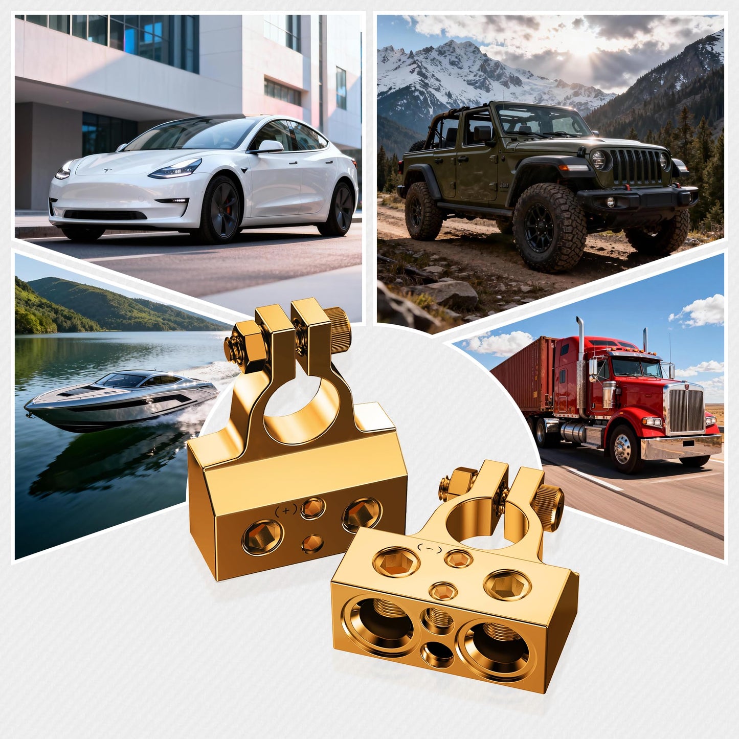 SUNMORN Battery Terminal Connectors, 0/2/4/6/8/10 AWG Battery Terminals, Heavy Duty Car Battery Terminal, Top Post Multiple Marine Superior Connectivity Long Lasting Easy to Install Versatile (Gold)