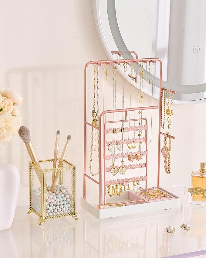 ProCase Jewelry Stand Holder Organizer, Jewelry Display Storage with Ring Tray, No-Assembly, Rotating Earring Bracelet Necklace Holder, Valentine's Gifts Room Dorm Decor for Teen Girls -Rosegold