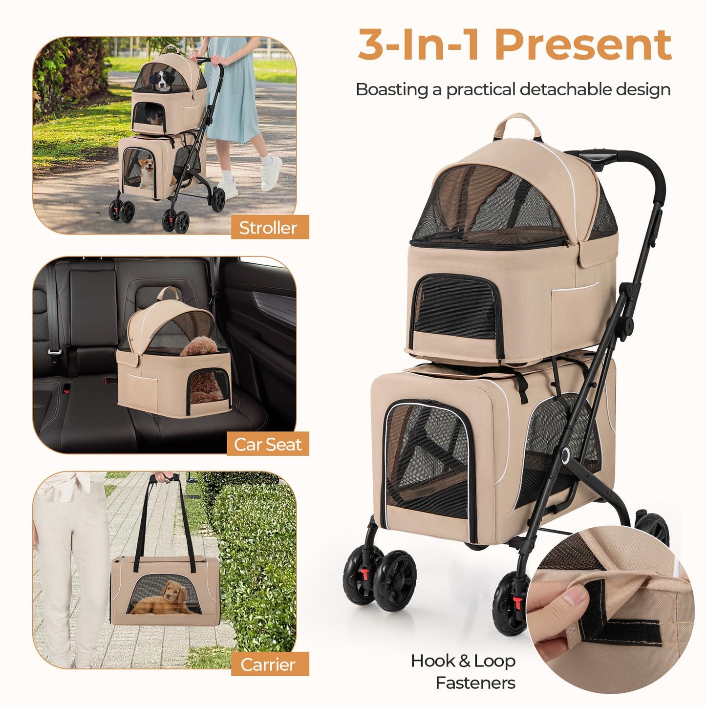 Giantex Double Dog Stroller for 2 Dogs, Detachable Carriers, Safety Belt, 4 Lockable Wheels, Pet Travel Carrier Strolling Cart, Folding Cat Stroller for Small Medium Pets Dogs (Beige)
